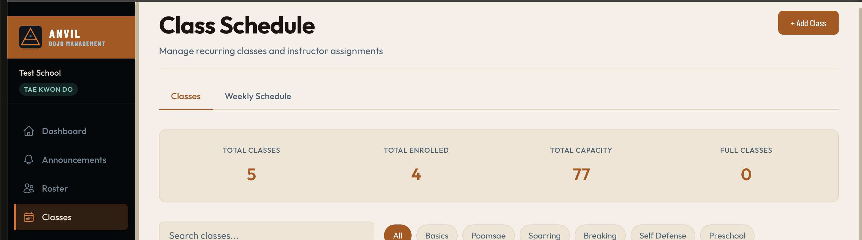 Anvil Dojo class schedule dashboard
